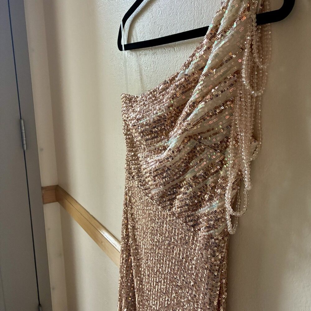Kalinnu Beaded Shoulder Sequin Gown Rose Gold Draped Formal Dress Slit L Wedding - Picture 5 of 13